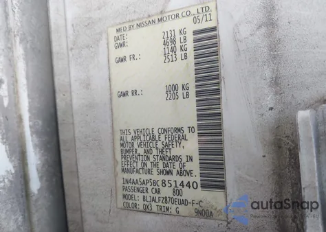 2011 Nissan Maxima 3.5 Sv z USA, uszkodzony, nr VIN 1N4AA5AP5BC851440